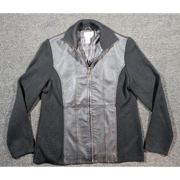 Coldwater Creek Jacket Women's M Black Leather Wool Ribbed Full Zip Pockets - Picture 2 of 7